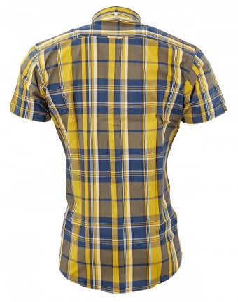 Relco Damen-Kurzarmhemden mit Knöpfen in Senf/Marineblau mit Karomuster