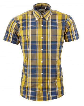 Relco Mens Mustard and Navy Checked Short Sleeved Button Down Shirts
