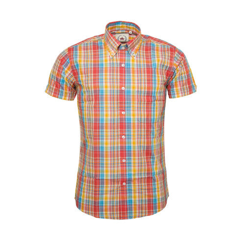 Relco Mens Orange & Blue Check Short Sleeved Vintage/Retro Button Down Shirts