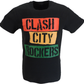 A black short-sleeve t-shirt with a distressed graphic print reading 'CLASH CITY ROCKERS' in three horizontal color blocks: red, yellow, and green.
