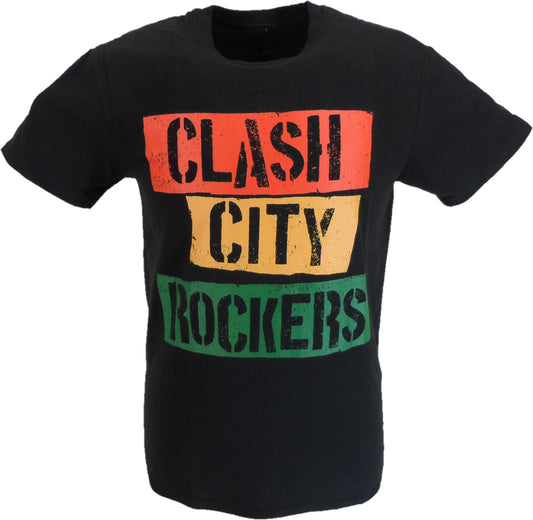 A black short-sleeve t-shirt with a distressed graphic print reading 'CLASH CITY ROCKERS' in three horizontal color blocks: red, yellow, and green.