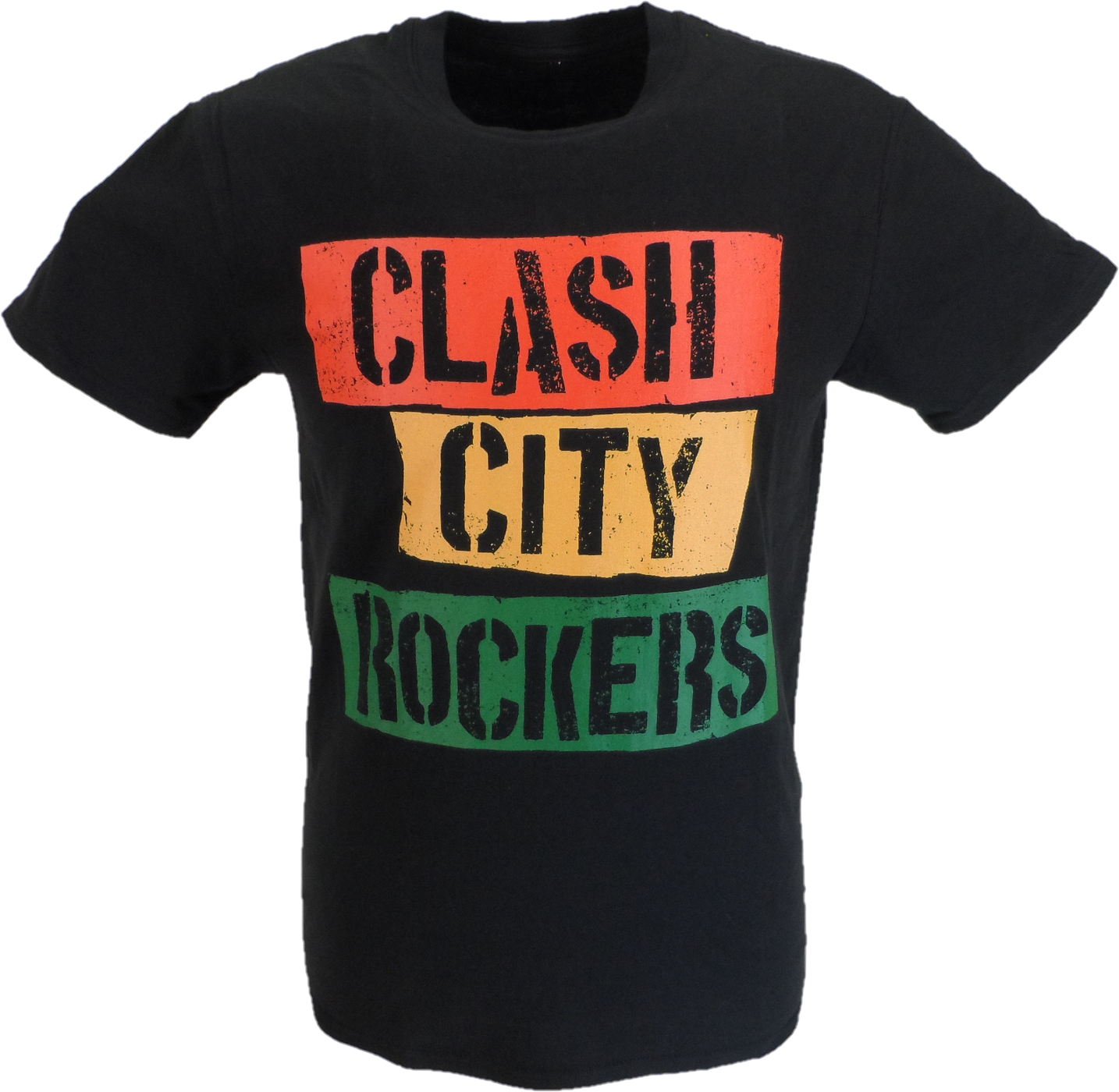 A black short-sleeve t-shirt with a distressed graphic print reading 'CLASH CITY ROCKERS' in three horizontal color blocks: red, yellow, and green.