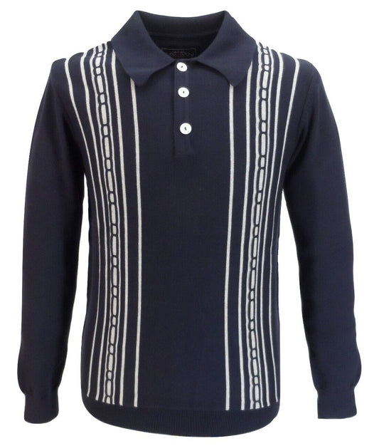 Trojan Records Mens Blue Spear Point Collar Cable Knitted Polo Shirt