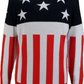 A long-sleeve crewneck sweater featuring an American flag design with white stars on a dark navy blue upper section and red and white vertical stripes on the lower body.