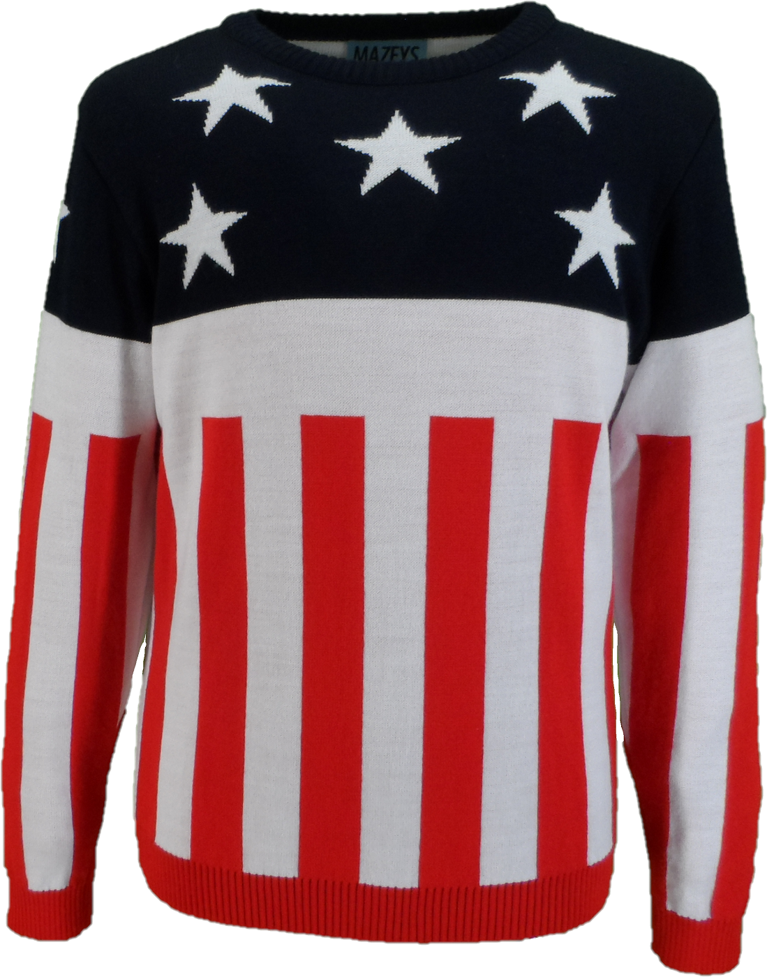A long-sleeve crewneck sweater featuring an American flag design with white stars on a dark navy blue upper section and red and white vertical stripes on the lower body.