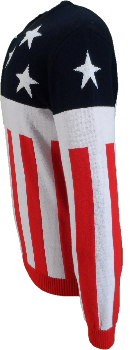 A knit sweater featuring an American flag design with white stars on a dark navy blue upper section and red and white vertical stripes on the lower body and sleeves, shown against a plain white background.