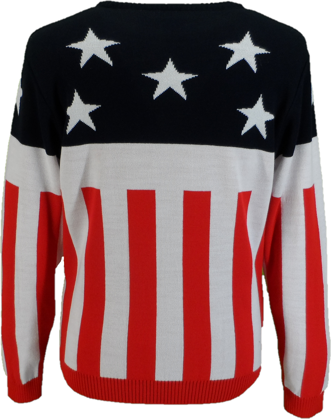 A long-sleeve knit sweater featuring an American flag design, with a black upper section containing white stars and a lower section with red and white vertical stripes.