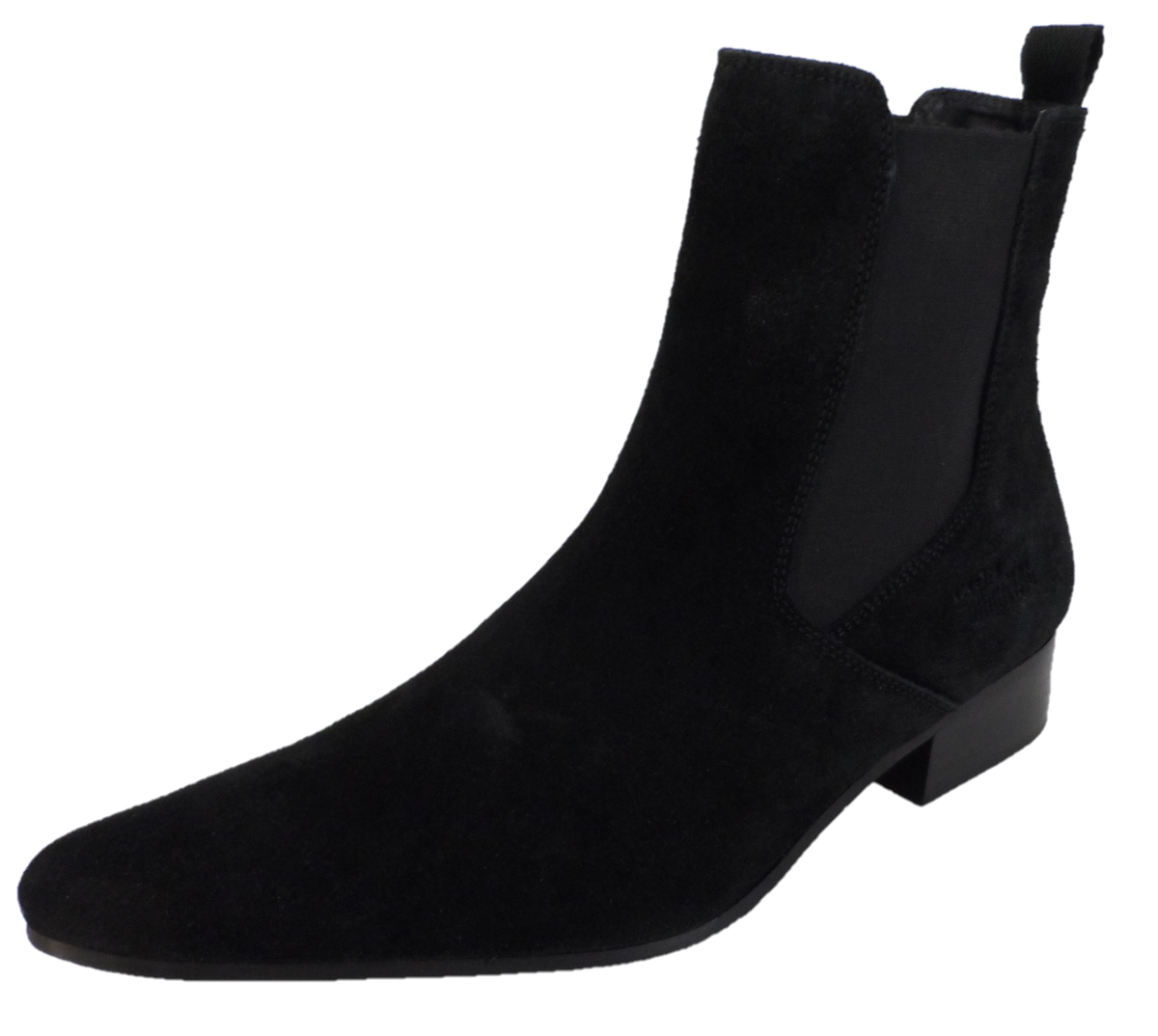 Black suede ankle boot on a white background