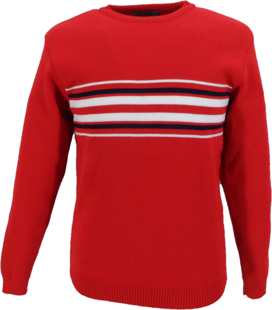 A red long-sleeve crewneck sweater with horizontal stripes across the chest in white, navy blue, and red.