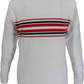 A white long-sleeve knit sweater with horizontal red, white, and navy stripes across the chest.