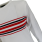 A close-up of a white knit sweater featuring a horizontal striped pattern across the chest in red, navy, and white.