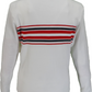 A white knit sweater shown from the back, featuring horizontal stripes across the upper back in red, navy blue, and thin black lines.