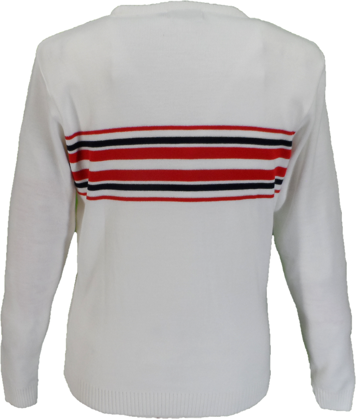 A white knit sweater shown from the back, featuring horizontal stripes across the upper back in red, navy blue, and thin black lines.