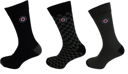 Lambretta Mens 3 Pair Khaki/Black Pack of Retro Socks