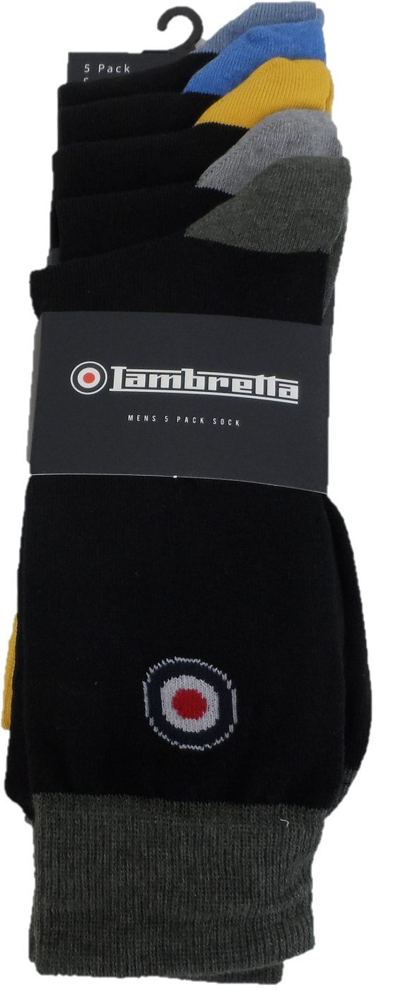 Lambretta Mens 5 Pair Pack of Black Contrast Target Socks