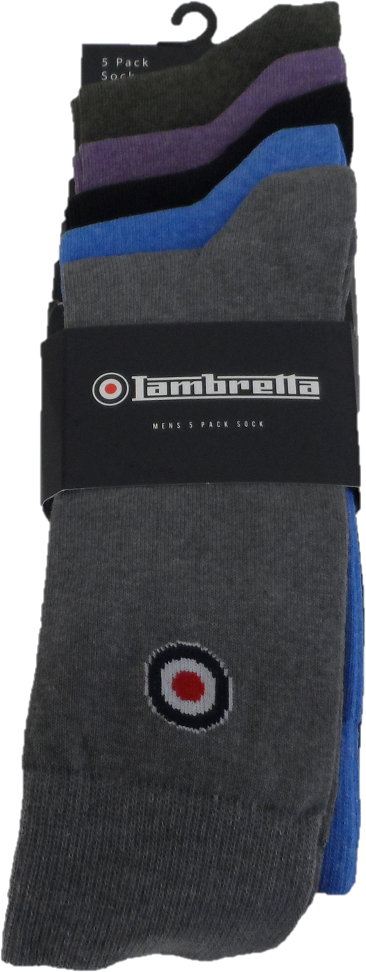 Lambretta Mens 5 Pair Pack of Grey/Navy/Khaki/Blue/Wine Retro Socks