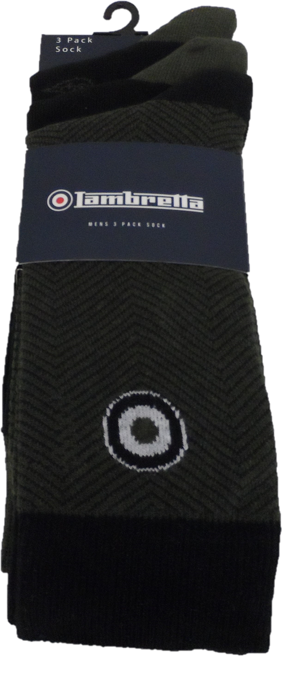 Lambretta Mens 3 Pair Pack of Black/Khaki Socks