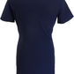 A short-sleeve crewneck t-shirt dress in solid navy blue, shown against a plain white background.