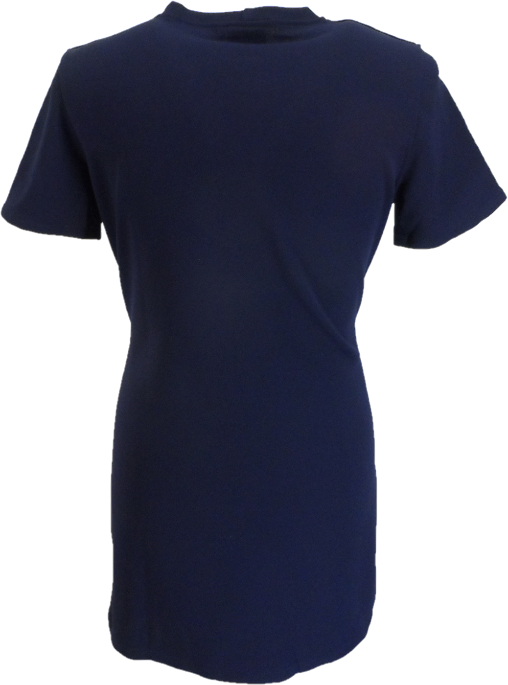 A short-sleeve crewneck t-shirt dress in solid navy blue, shown against a plain white background.