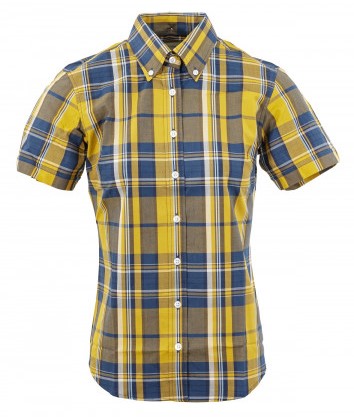 Relco Ladies Mustard/Navy Check Button Down Short Sleeved Shirts