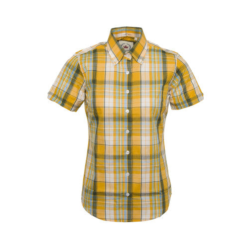 Relco Ladies Retro Yellow Check Button Down Short Sleeved Shirts