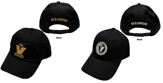 Four views of a black baseball cap on a white background, showing front, back, and side details. The front features a gold embroidered 'V' with a crown and 'MADNESS' text, the back is black with gold 'MADNESS' text, and one side view shows a circular logo patch.