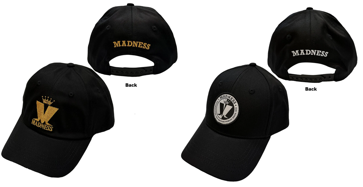 Four views of a black baseball cap on a white background, showing front, back, and side details. The front features a gold embroidered 'V' with a crown and 'MADNESS' text, the back is black with gold 'MADNESS' text, and one side view shows a circular logo patch.