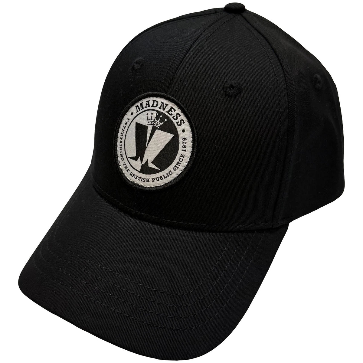 A black baseball cap featuring a circular embroidered patch on the front with the text 'MADNESS' and a stylized 'M' logo, set against a plain white background.