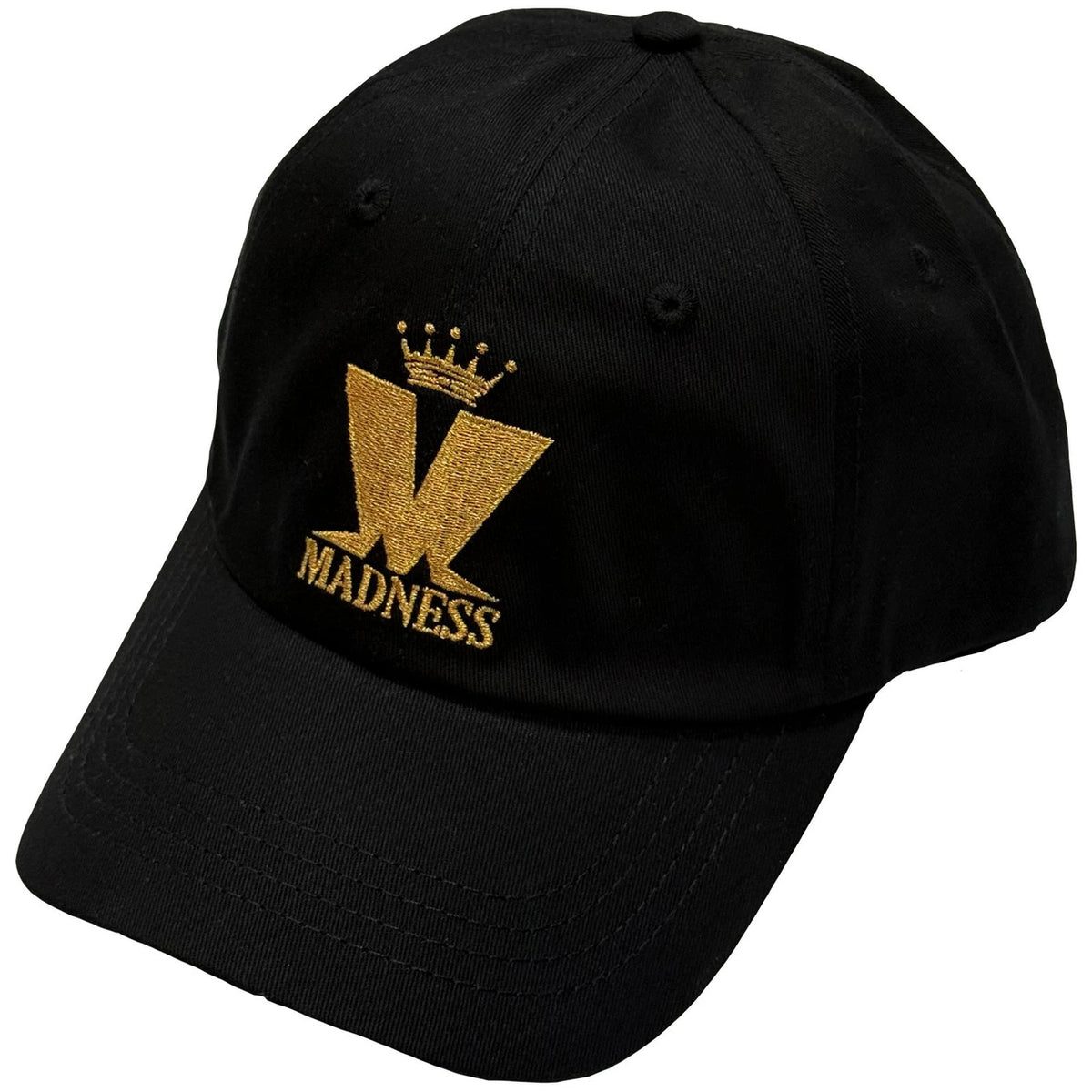 A black baseball cap featuring a gold embroidered logo with a crown and the word 'MADNESS' on the front, set against a plain white background.