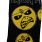 Black socks with yellow skull designs and Iron Maiden logo on packaging