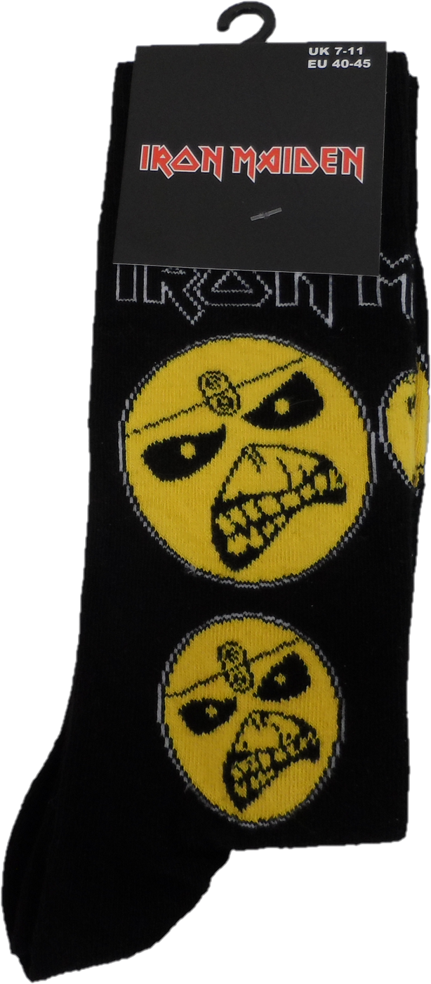 Black socks with yellow skull designs and Iron Maiden logo on packaging