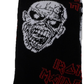 Black sock with Iron Maiden logo and character design on packaging