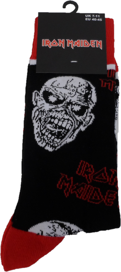 Black sock with Iron Maiden logo and character design on packaging