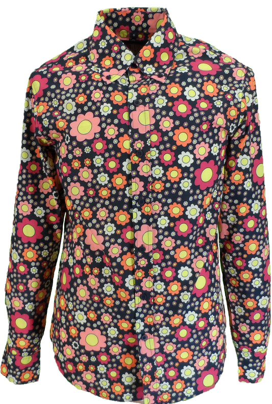 Mazeys Mens Retro Black Trippy Floral Shirt
