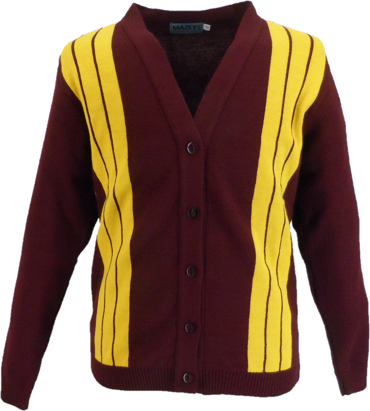 Mazeys Mens Classic Retro Burgundy/Mustard Striped Cardigan