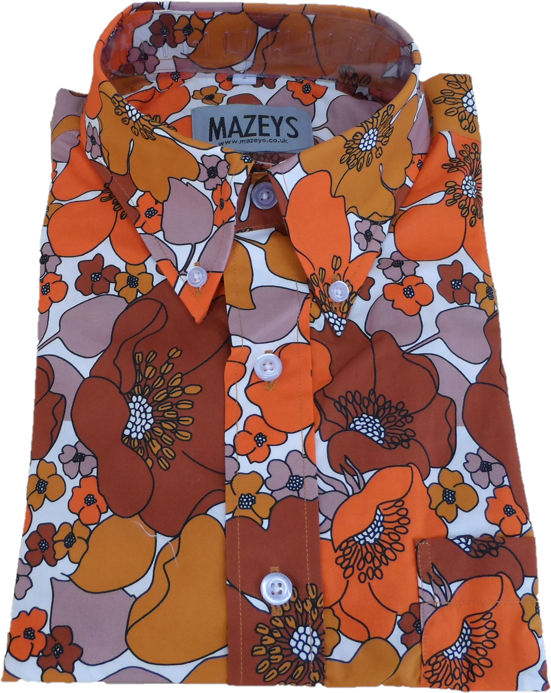 A folded long-sleeve button-up shirt by Mazeys, featuring a bold 1970s-style floral print in orange, rust brown, mustard yellow, and mauve on a white background.