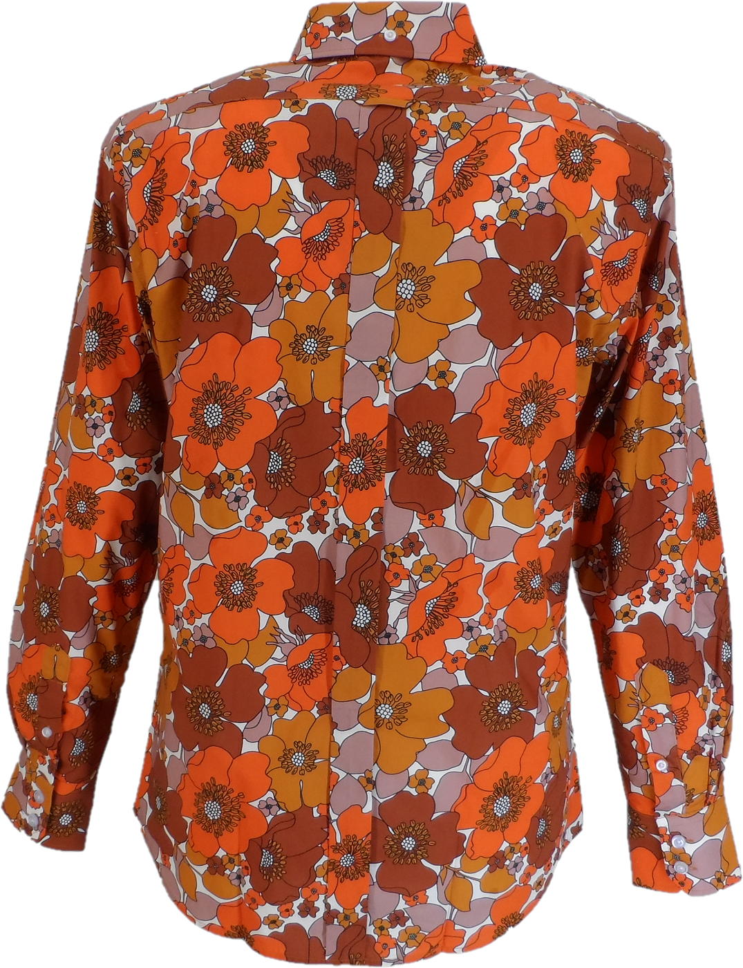 A long-sleeve button-up shirt with a retro 1970s floral pattern in orange, brown, and beige on a white background.