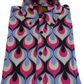 A short-sleeve button-up shirt with a bold 1960s-style geometric pattern in pink, light blue, black, and cream, featuring a visible 'Mazeys' brand label at the collar.
