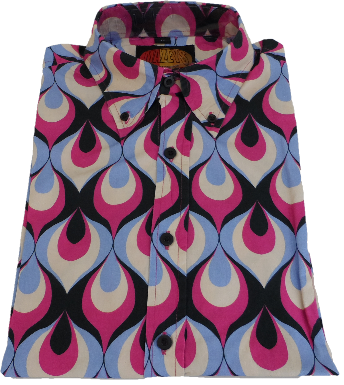 A short-sleeve button-up shirt with a bold 1960s-style geometric pattern in pink, light blue, black, and cream, featuring a visible 'Mazeys' brand label at the collar.