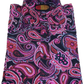 A folded long-sleeve button-up shirt featuring a vibrant pink, red, and purple paisley pattern on a black background, with a visible 'Mazeys' neck label.