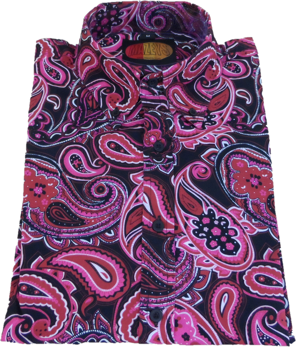A folded long-sleeve button-up shirt featuring a vibrant pink, red, and purple paisley pattern on a black background, with a visible 'Mazeys' neck label.