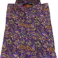 A folded long-sleeve button-up shirt with an intricate paisley pattern in purple, orange, green, and yellow, featuring a purple button placket and a visible 'Mazeys' neck label.