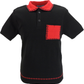 Black polo shirt with red collar and pocket on a white background