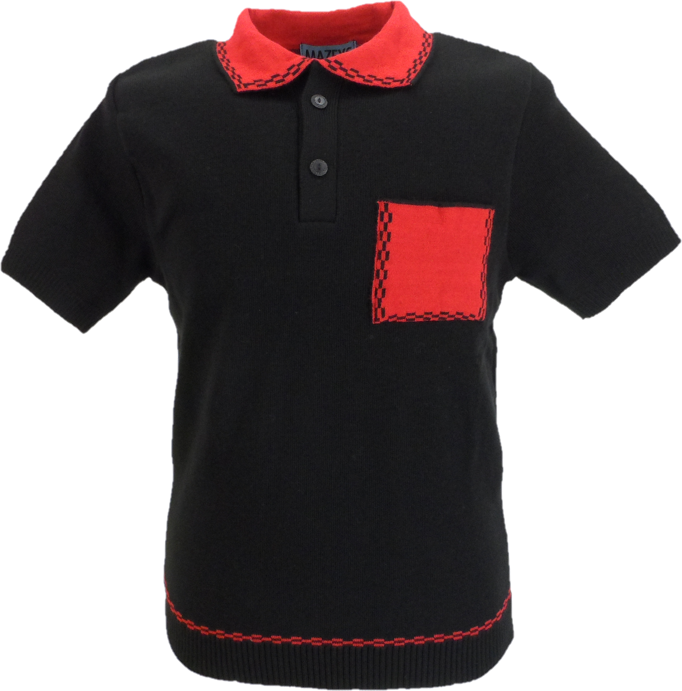 Black polo shirt with red collar and pocket on a white background