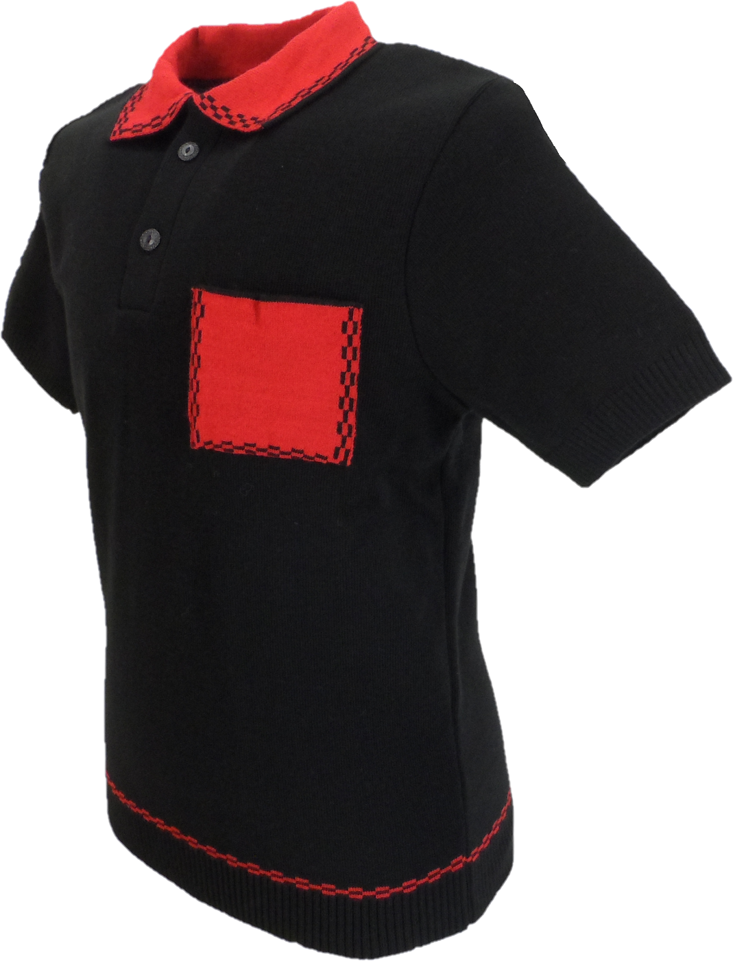 Black shirt with red collar and pocket on a white background