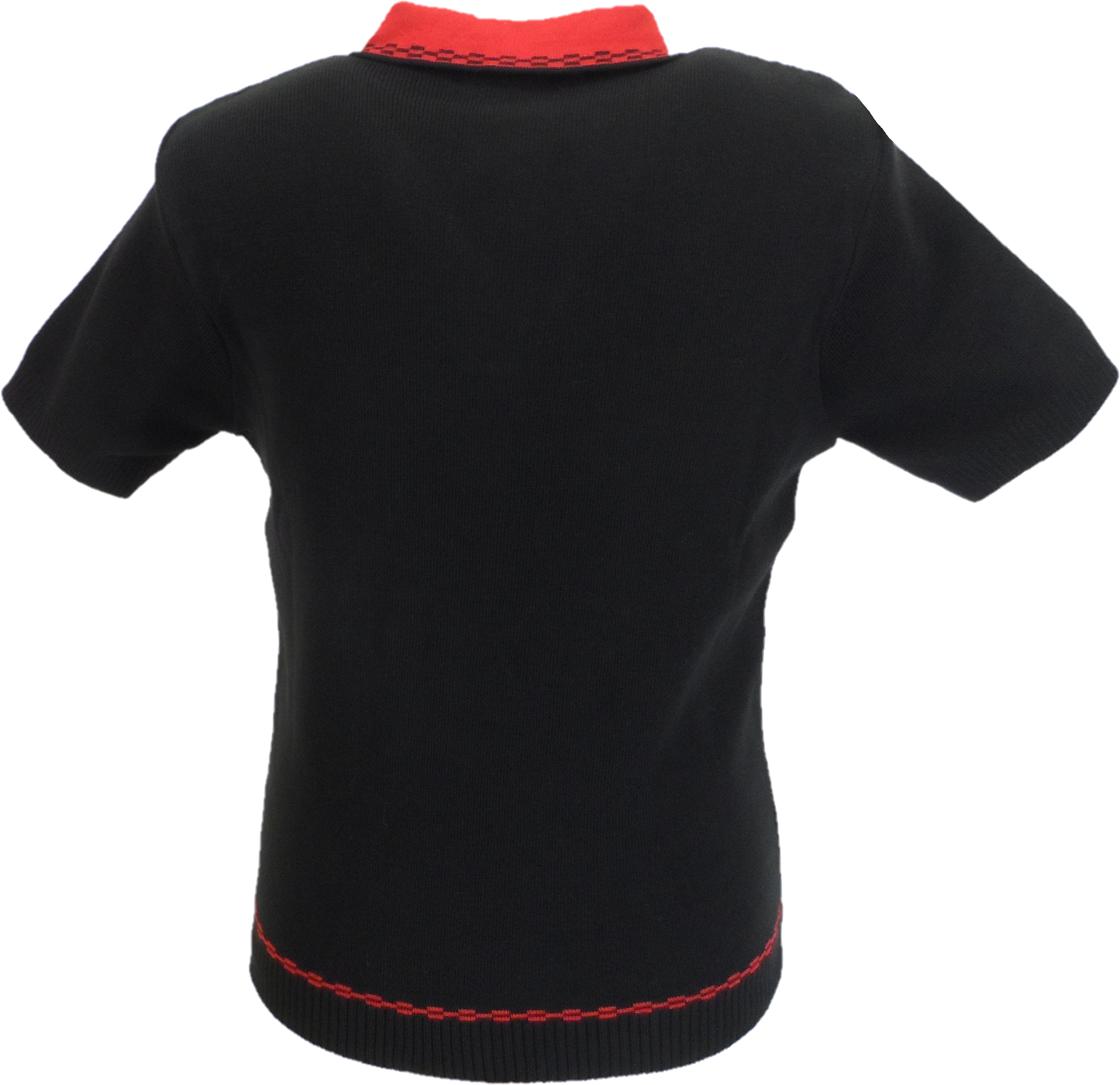 Black sweater with red trim on a white background