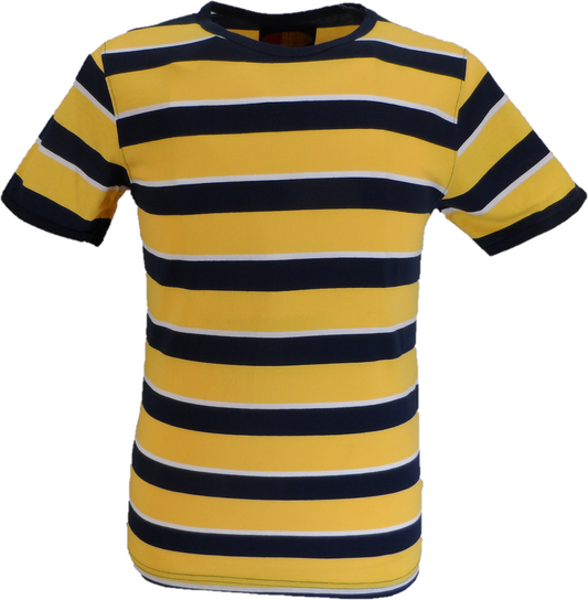 Mens Mustard Black and White 60s 70s Retro Mod Striped T Shirt