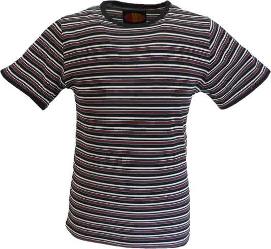 A short-sleeve crewneck t-shirt with horizontal stripes in black, white, and red, displayed on a white background.