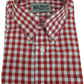Folded red and white checkered shirt with 'Mazeys' label on a white background