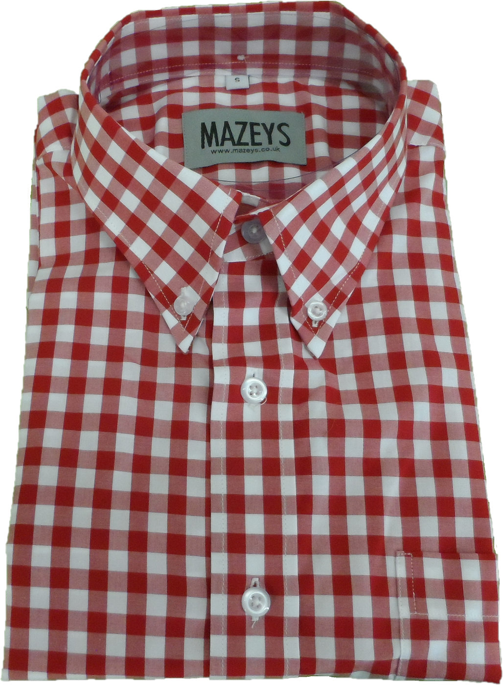 Folded red and white checkered shirt with 'Mazeys' label on a white background